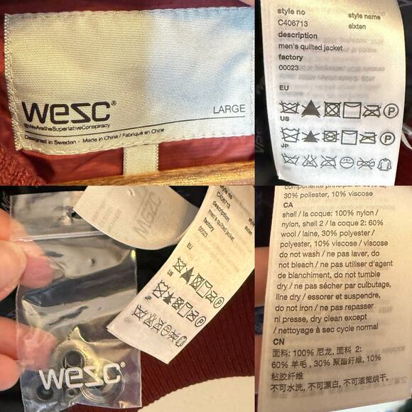 WESC Men’s Sixten Quilted Bomber Jacket Maroon Satin size Large - Picture 6 of 6